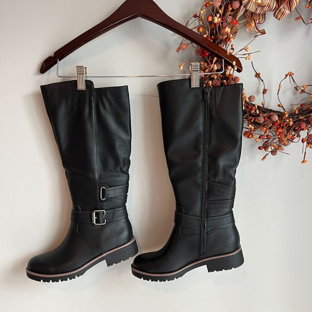 Sun + Stone Blakelyy Womens Faux Leather Buckle Knee-High Boots Sz 6M in Black